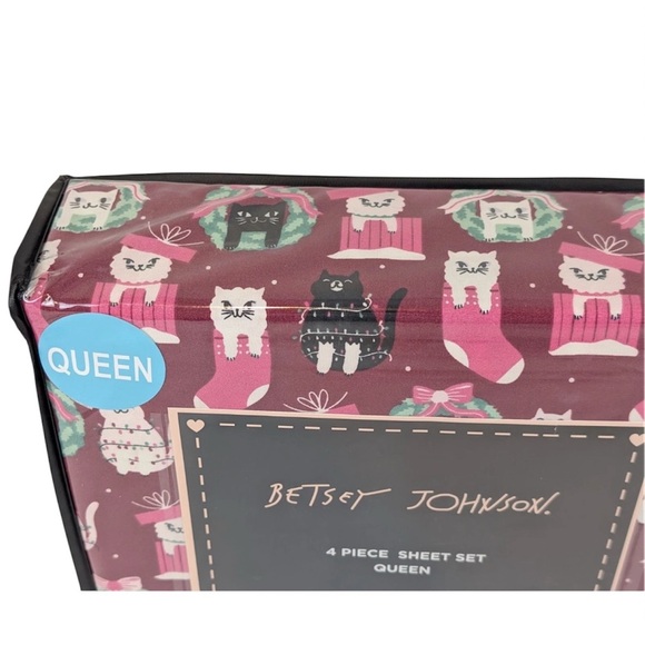 Betsey Johnson Holiday Cats Queen 4 Piece Sheet Set Christmas Bedding NWT - Picture 4 of 9